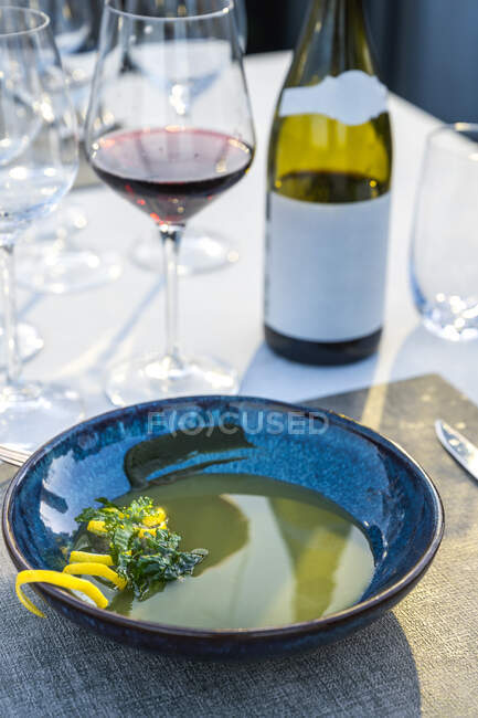 Sopa de lentilha deliciosa e bem decorada emparelhada com vinho tinto no restaurante de alta cozinha ao ar livre — Fotografia de Stock