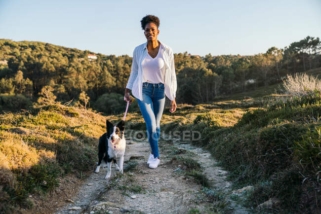Pieno corpo di felice donna etnica con Border Collie cane camminare insieme sul sentiero tra le colline erbose in soleggiata serata primaverile — Foto stock