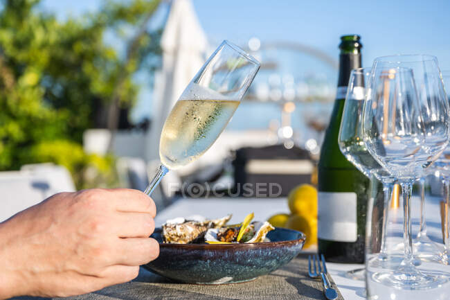 Prato de ostra delicioso e bem decorado emparelhado com champanhe no restaurante de alta cozinha ao ar livre, enquanto a mão segura copo de champanhe — Fotografia de Stock