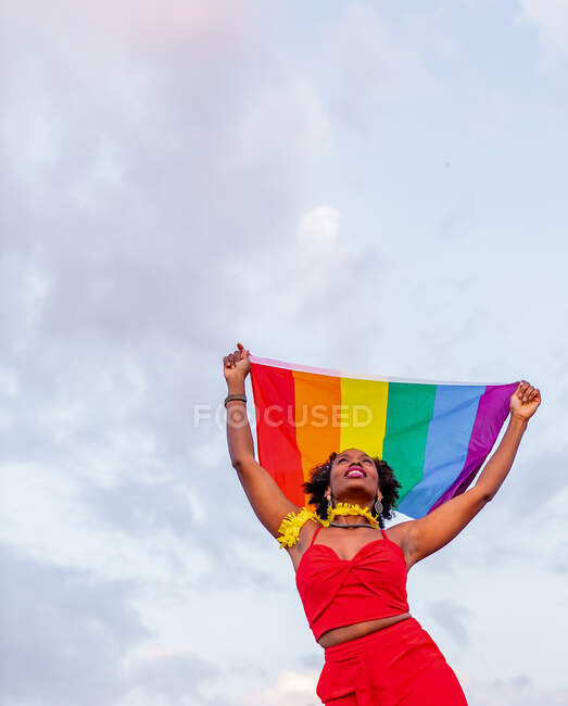 Знизу стильна афро-американська жінка в моді носить піднятий прапор з веселковим орнаментом, дивлячись на дорогу. — стокове фото