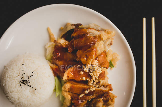 Вид зверху гарячої апетитної гострої качки з рисом — стокове фото