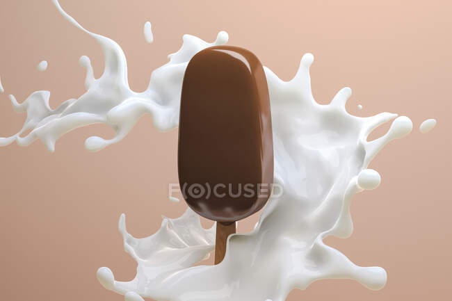 Vista lateral de un helado de chocolate rodeado de un chorrito de leche - foto de stock
