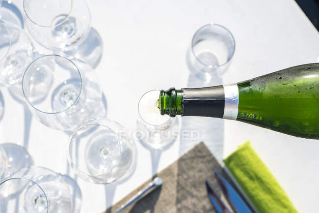 Garçom que serve champanhe em um copo no restaurante de alta cozinha ao ar livre — Fotografia de Stock