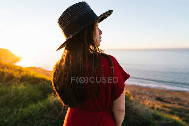 Back view of attractive young female in red sundress and hat standing on verdant grassy meadow in sunny countryside — Stock Photo