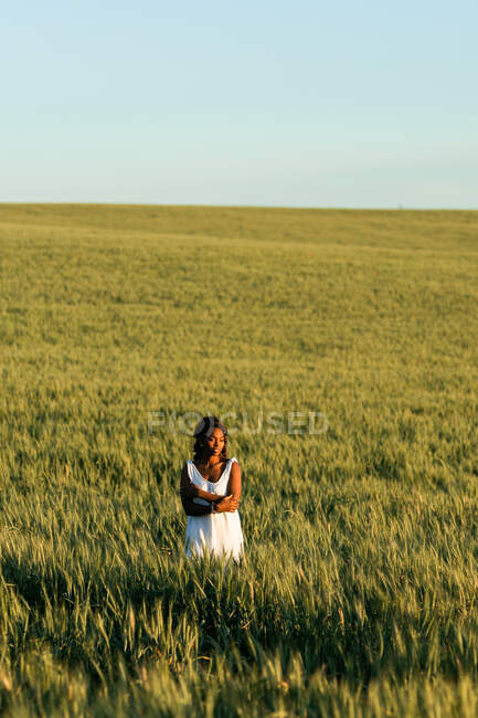 Молодая черная леди в белом летнем платье прогуливается по зеленому пшеничному полю, глядя в дневное время под голубым небом — стоковое фото