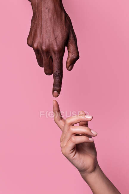 Opposed hands of african-american man and white woman pointing at each other wit index finger isolated on pink background — Stock Photo