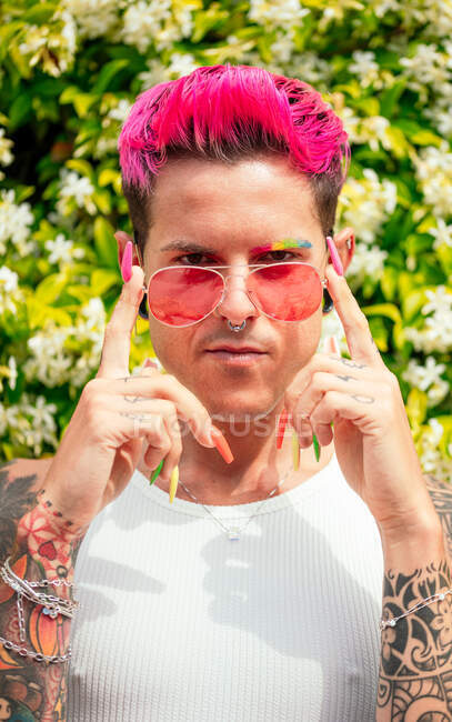 Determinado fantasía gay macho con teñido rosa pelo y largo colorido uñas tocando gafas de sol y mirando a la cámara en verano parque - foto de stock