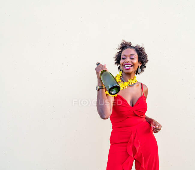 Encantada hembra afroamericana en collar de flores con brillante posición general con botella de champán sobre fondo blanco - foto de stock