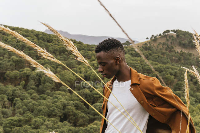 Schöner afroamerikanischer Mann steht im Sommer auf einem trockenen Feld und schaut weg — Stockfoto