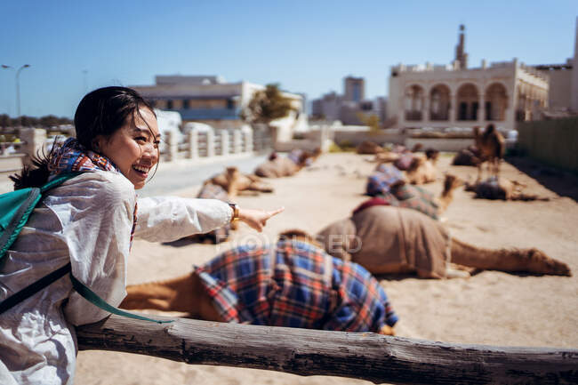 Vista lateral do viajante feminino asiático animado com mochila sorrindo e apontando o dedo em camelos descansando no lugar areia no bazar oriental contra edifícios antigos no Qatar Souq em Doha — Fotografia de Stock