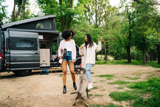 Full length of cheerful young multiracial female travelers with dog enjoying summer adventure together while standing near camper van in nature — Stock Photo