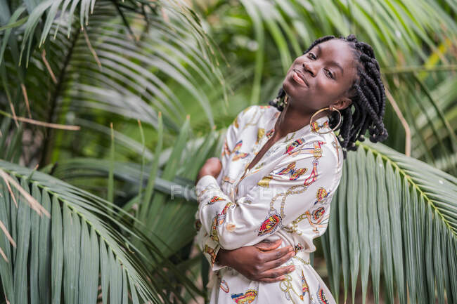 Стильная очаровательная афроамериканка с африканским Брайдом смотрит на камеру в зеленом парке — стоковое фото