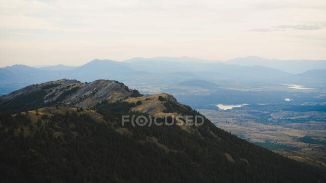 Breathtaking scenery of rocky mountain ridge with coniferous forest under overcast sky in summer — Stock Photo