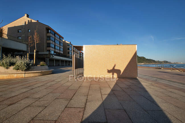 Shadow of anonymous skater riding skateboard on ramp in skate park located at seaside in summer — Stock Photo