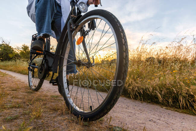 Women on a bike in a field. close-up — Stock Photo