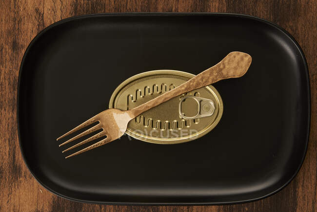 Vue de dessus de la fourchette dorée placée près des aliments en conserve scellés sur un plateau rectangulaire noir — Photo de stock