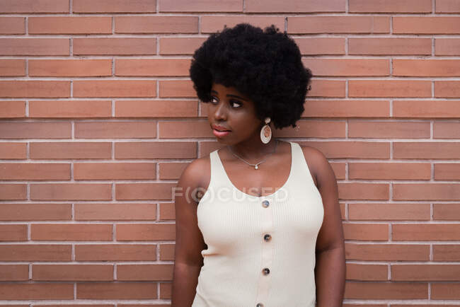 Jeune afro cheveux afro modèle féminin afro-américain en robe et boucles d'oreilles appuyé contre le mur de briques rouges et détournant les yeux — Photo de stock