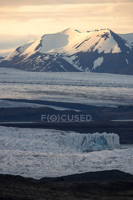 Вид на льодовик, що покриває грубий берег холодного моря взимку в Ісландії. — стокове фото