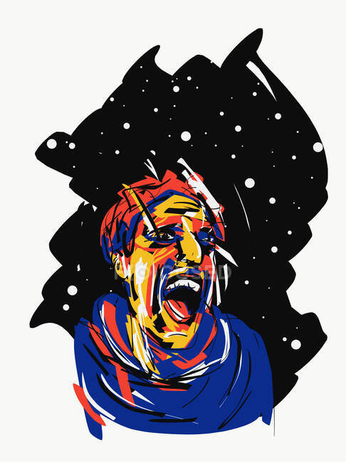 Ilustración vectorial de furiosos gritos masculinos sobre el fondo del oscuro cielo nocturno con estrellas - foto de stock