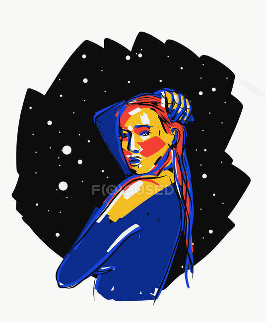 Векторна ілюстрація безтурботного жінки на фоні нічного зоряного неба — стокове фото
