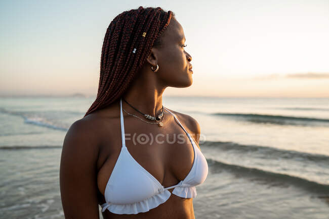 Vista lateral mulher negra com tranças na praia — Fotografia de Stock