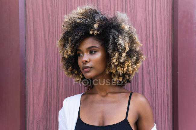 Confiada mujer afroamericana vistiendo elegante atuendo casual mirando hacia otro lado de pie contra la puerta colorida - foto de stock