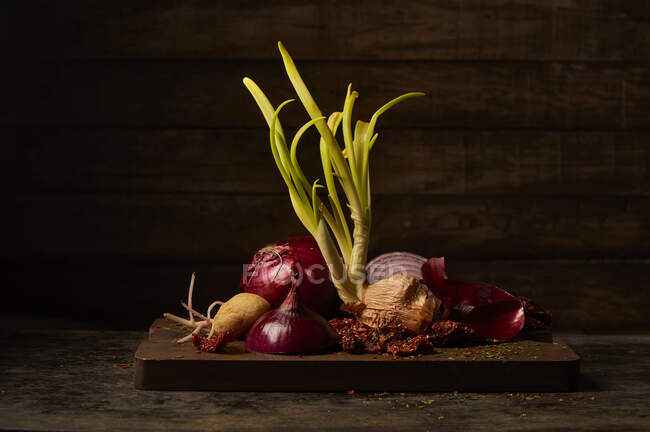 Composición de naturaleza muerta con bulbo de cebolla geminada vieja y tubérculo de patata con brotes colocados en una tabla de cortar de madera con tomates secos - foto de stock