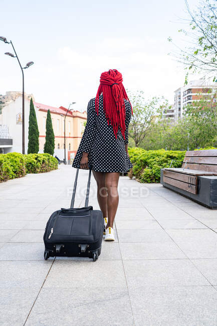 Back view young African American female in protective mask with bright dreadlocks strolling in park with suitcase and looking away — Stock Photo