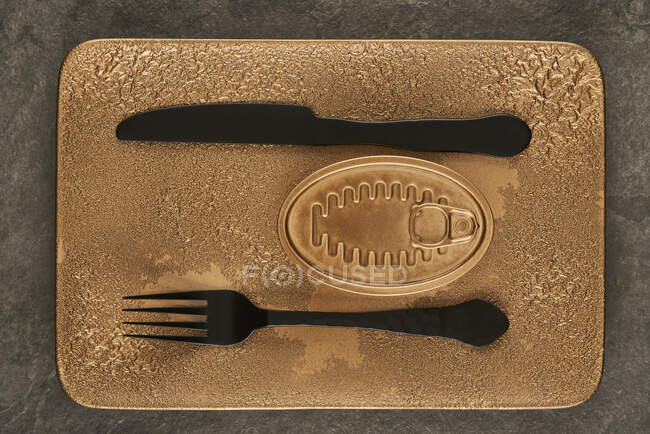 Vista dall'alto della forchetta nera e del coltello posizionati vicino al cibo in scatola sigillato su vassoio di rame rettangolare — Foto stock