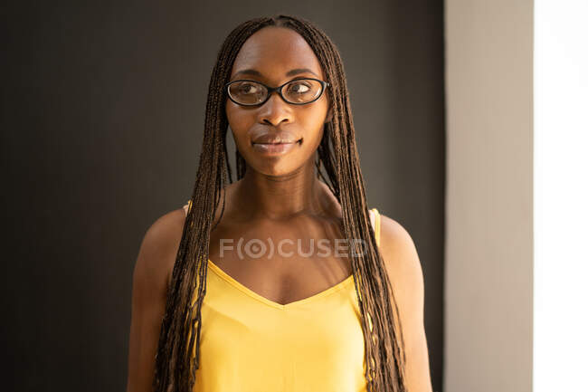 Charming African American female in glasses and with braids looking away at home on blurred background — Stock Photo