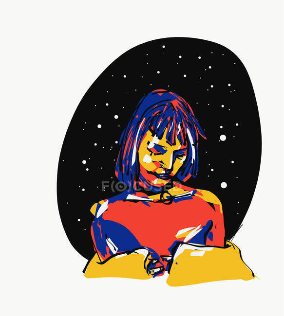 Vektor-Illustration des ruhigen Weibchens mit geschlossenen Augen vor dem Hintergrund des nächtlichen Sternenhimmels — Stockfoto