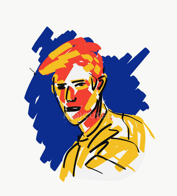 Векторна ілюстрація серйозного красивого чоловіка в жовтому стильному вбранні на синьому фоні — стокове фото