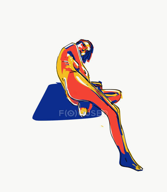 Векторна ілюстрація бічного вигляду оголеної жінки з тонким тілом, що сидить на килимку на білому тлі — стокове фото