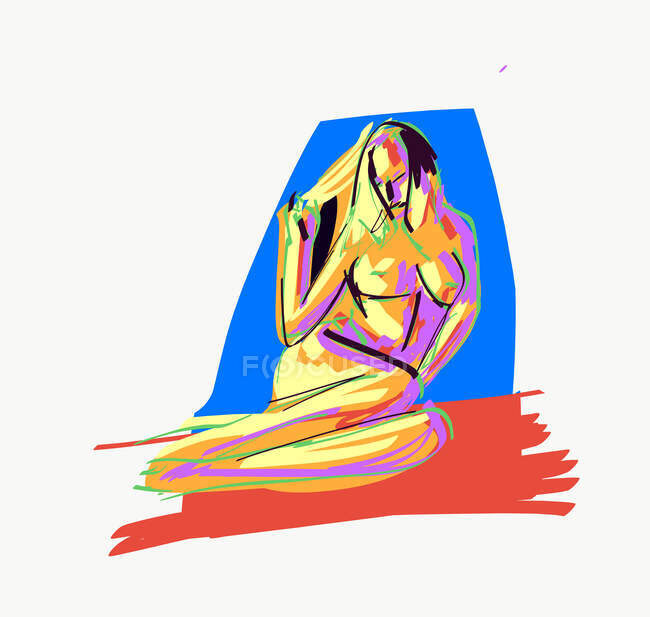 Векторна ілюстрація бічного вигляду оголеної жінки з тонким тілом, що сидить на килимку на білому тлі — стокове фото