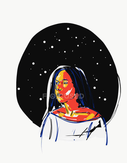 Vector illustration of serene female on background of night starry sky — Stock Photo
