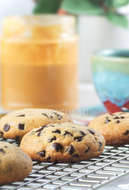 Still life of freshly made chocolate chip cookies with peanut butter and sprinkles next to a coffee — Stock Photo