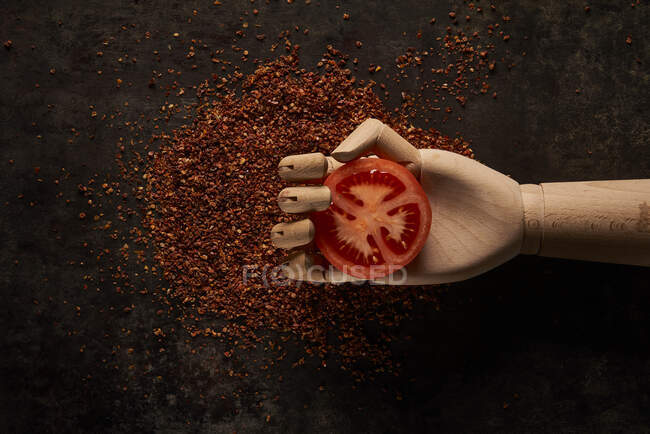 Композиція зверху зі свіжим червоним шматочком помідорів у штучній дерев'яній руці, розміщеній над землею, сушені помідори на чорному тлі — стокове фото
