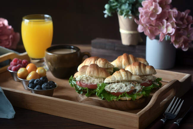 Смачні круасанькі бутерброди з овочами подаються на таці з капучино та апельсиновим соком, приготованим для сніданку у Франції, і розміщуються на дерев'яному столі. — стокове фото