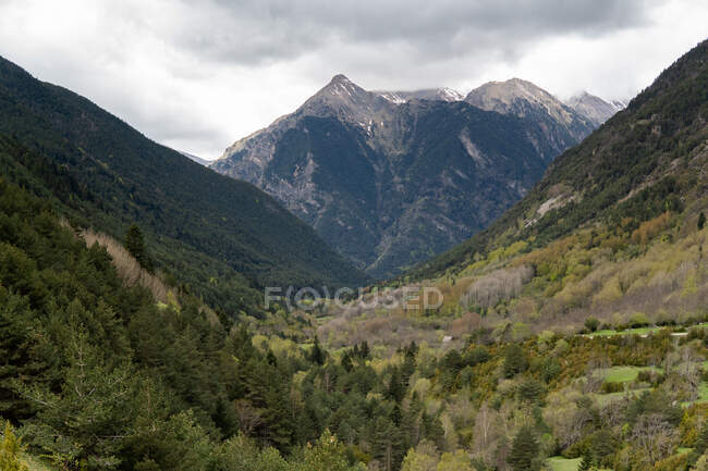 Захватывающий дух пейзаж Пиренейских лесов и горного массива, покрытого снегом и облаками в солнечный день — стоковое фото