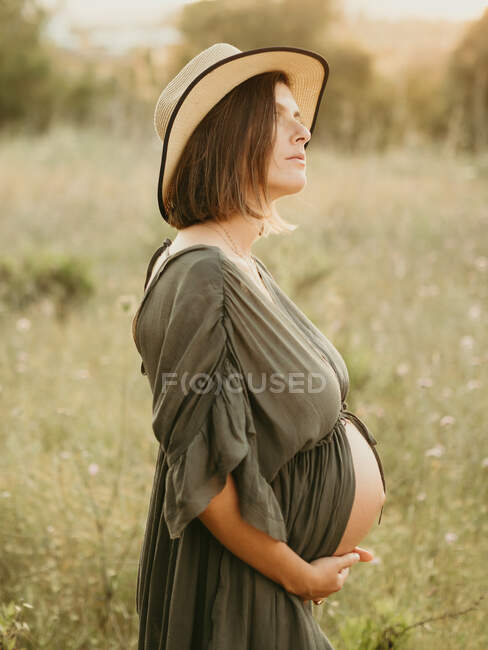Спокойная беременная женщина в платье и соломенной шляпе трогает животик, стоя на поле в сельской местности на закате летом — стоковое фото