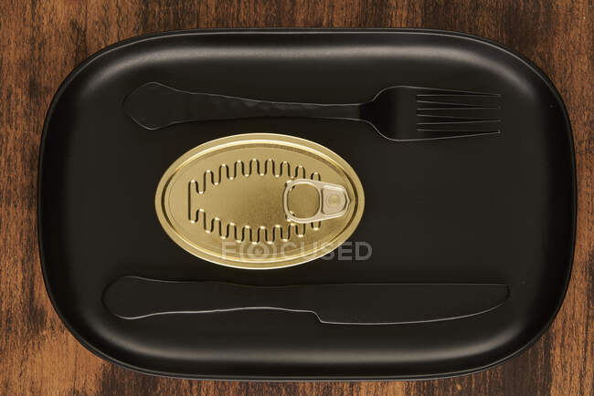Vista superior de garfo preto e faca colocada perto de alimentos enlatados selados na bandeja preta retangular — Fotografia de Stock