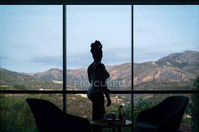 Side view of anonymous female in swimsuit standing near window and admiring view of highlands during summer vacation — Stock Photo