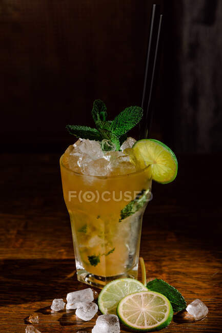 Verre en cristal de cocktail Mojito à base de rhum mélangé avec du jus de citron vert et de l'eau gazeuse garnie de feuilles de menthe — Photo de stock