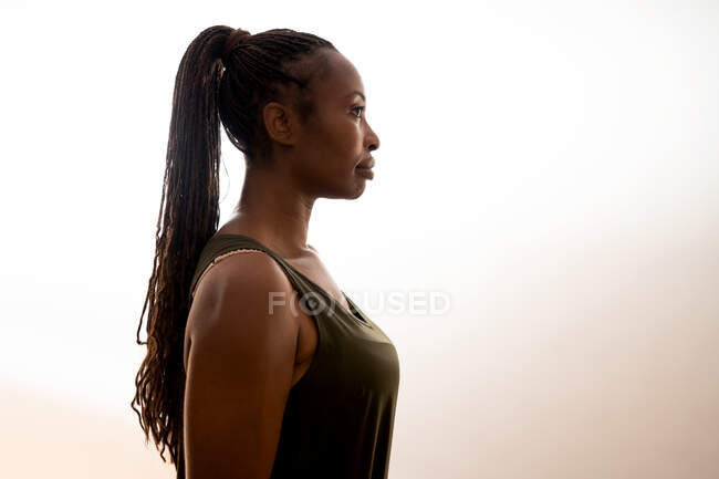 Vista lateral de hembra afroamericana con cola de caballo con trenzas sobre fondo blanco en estudio - foto de stock