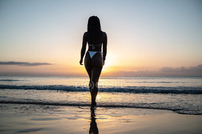 Retrovisore anonimo nero donna con trecce sulla spiaggia — Foto stock