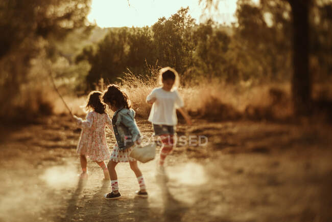 Group of carefree little girls having fun and jumping in water puddle while spending summer day together in nature — Stock Photo