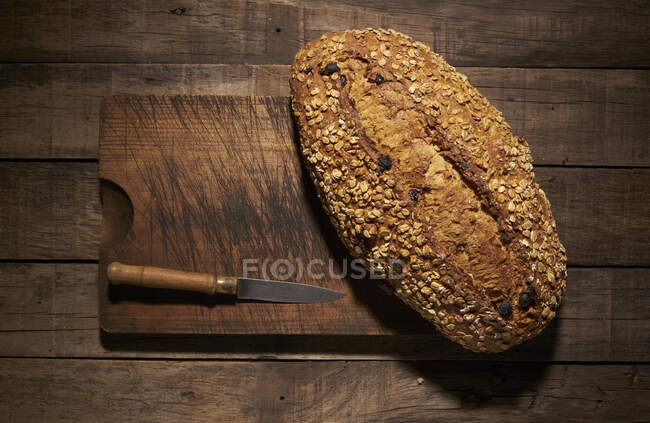 Desde arriba de apetitoso crujiente pan recién horneado pan casero con copos de avena y pasas colocadas con cuchillo en la tabla de cortar de madera - foto de stock