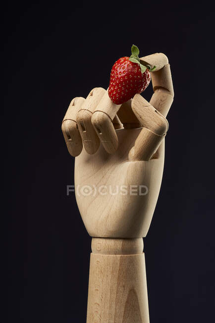 Morango doce maduro em mão de madeira sobre fundo preto no estúdio para conceito de comida saudável — Fotografia de Stock