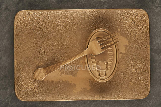 Vista superior do garfo de ouro colocado perto de alimentos enlatados selados na bandeja de cobre retangular — Fotografia de Stock