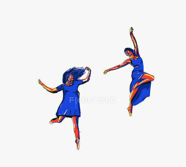 Vector illustration of content females in blue dresses jumping above ground with outstretched arms and enjoying freedom — Stock Photo